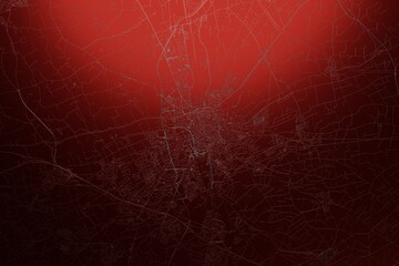 Street map of Brugge (Belgium) engraved on red metal background. Light is coming from top. 3d render, illustration