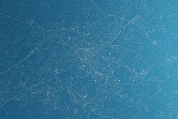 Map of the streets of Liege (Belgium) made with white lines on blue paper. Rough background. 3d render, illustration