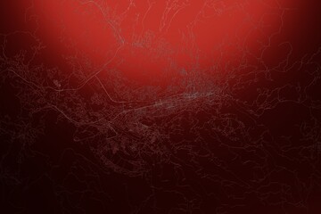 Street map of Sarajevo (Bosnia) engraved on red metal background. Light is coming from top. 3d render, illustration