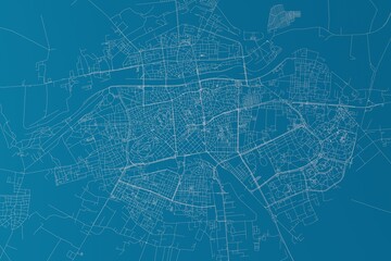 Map of the streets of Plovdiv (Bulgaria) made with white lines on blue background. 3d render, illustration