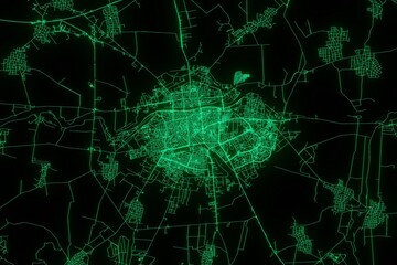Map of the streets of Plovdiv (Bulgaria) made with green illumination and glow effect. Top view on roads network. 3d render, illustration