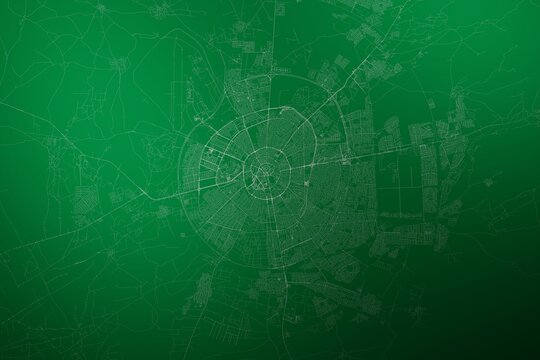 Map of the streets of Erbil (Iraq) made with white lines on abstract green background lit by two lights. Top view. 3d render, illustration