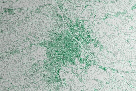 Map of the streets of Vienna (Austria) made with green lines on white paper. 3d render, illustration