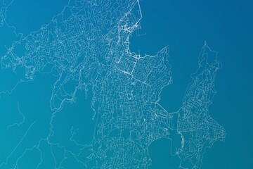 Map of the streets of Wellington (New Zealand) made with white lines on greenish blue gradient background. 3d render, illustration