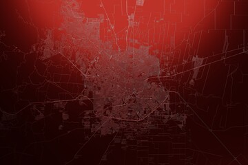 Street map of Cordoba (Argentina) engraved on red metal background. Light is coming from top. 3d render, illustration