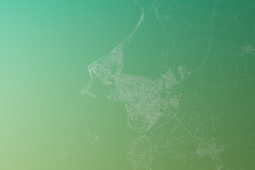 Map of the streets of Cartagena (Colombia) made with white lines on yellowish green gradient background. Top view. 3d render, illustration