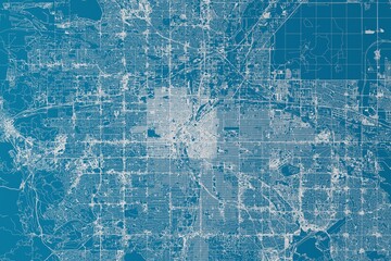Map of the streets of Denver (Colorado, USA) made with white lines on blue background. 3d render, illustration - obrazy, fototapety, plakaty