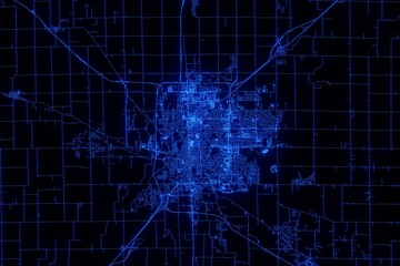 Street map of Bloomington (Illinois, USA) made with blue illumination and glow effect. Top view on roads network