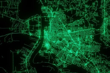 Map of the streets of Baton Rouge (Louisiana, USA) made with green illumination and glow effect. Top view on roads network. 3d render, illustration - obrazy, fototapety, plakaty