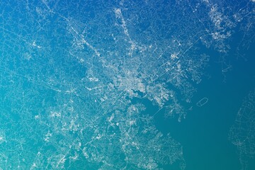 Map of the streets of Baltimore (Maryland, USA) made with white lines on greenish blue gradient background. 3d render, illustration