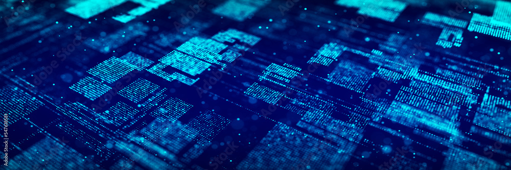 Poster Futuristic circuit board concept. Progressive IT technologies. Digital data flow concept. Big data visualization. 3d rendering.