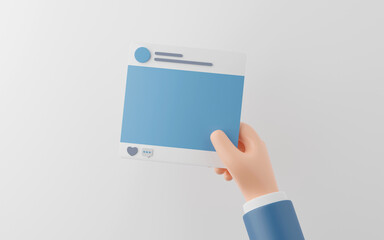 Hand of businessman holding empty post for advertisement on white background, Social media marketing concept, 3d illustration.