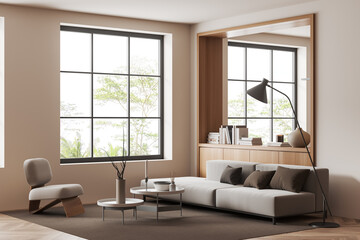 Fototapeta na wymiar Corner view on bright living room interior with sofa, armchair