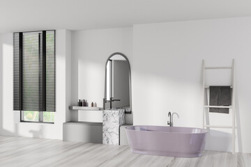 Corner view on bright bathroom interior with bathtub, panoramic window