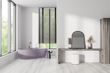 Fototapeta na wymiar Front view on bright bathroom interior with bathtub, panoramic window