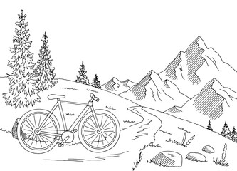 Bicycle in mountain graphic black white landscape sketch illustration vector 