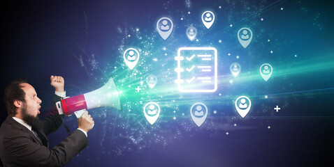 Young person with megaphone and business icon