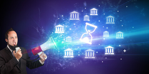 Young person with megaphone and business icon