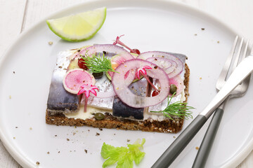pickled herring Smorrebrod, Danish open faced sandwich