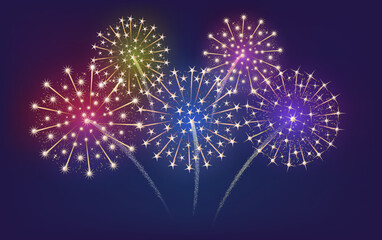 Festive bursting fireworks in various colors. Bright traditional lights with stars and sparks.