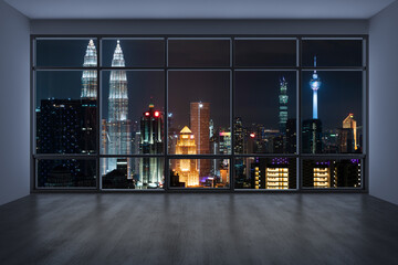 Obraz premium Empty room Interior Skyscrapers View Malaysia. Downtown Kuala Lumpur City Skyline Buildings from High Rise Window. Beautiful Expensive Real Estate overlooking. Night time. 3d rendering.