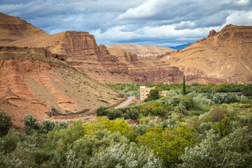Fototapeta premium canyon, valley of roses, morocco, oasis, river, m'goun, high atlas mountains, north africa,
