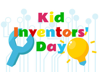 Children's Invention Day text and light bulb as idea symbol and wrench as invention symbol in cartoon childish style.