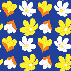 Yellow and white flower seamless pattern on blue background.