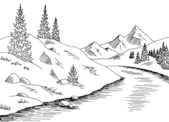 Mountain river graphic black white landscape sketch illustration vector 