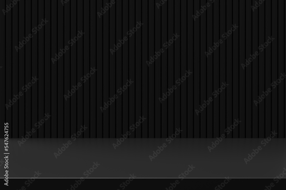 Poster Empty black wall product display space background of 3d room backdrop modern studio minimal dark scene show stage blank floor or luxury presentation showroom concept and elegant shelf banner platform.