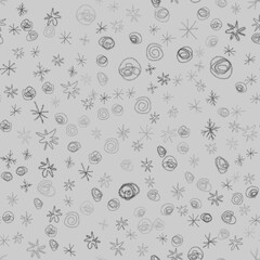 Hand Drawn Snowflakes Christmas Seamless Pattern. Subtle Flying Snow Flakes on chalk snowflakes Background. Actual chalk handdrawn snow overlay. Bold holiday season decoration.