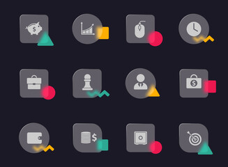 business glass morphism trendy style icons. business transparent glass vector icons with color memphis figures. for web and ui design, mobile apps and promo business advertising