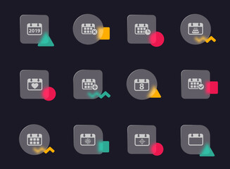calendar glass morphism trendy style icons. calendar transparent glass vector icons with color memphis figures. for web and ui design, mobile apps and promo business advertising