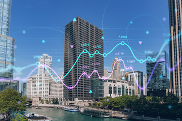 Panorama cityscape of Chicago downtown and Riverwalk, boardwalk with bridges at day time, Illinois, USA. Forex graph hologram. The concept of internet trading, brokerage and fundamental analysis