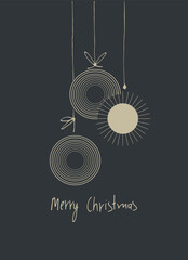 Merry Christmas greeting card template. Minimalistic design with garland of bauble ornaments like gold, snowflakes and hand lettering