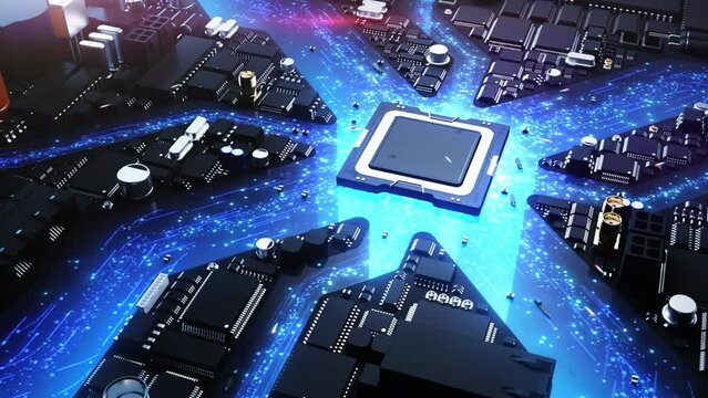 technology city stylization of the city in the concept of a printed circuit combining electronic components and a central processor . technology facilities in the form of blue particles create traffic