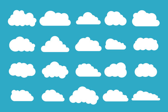 Cloud white set isolated on blue background. Vector illustration.