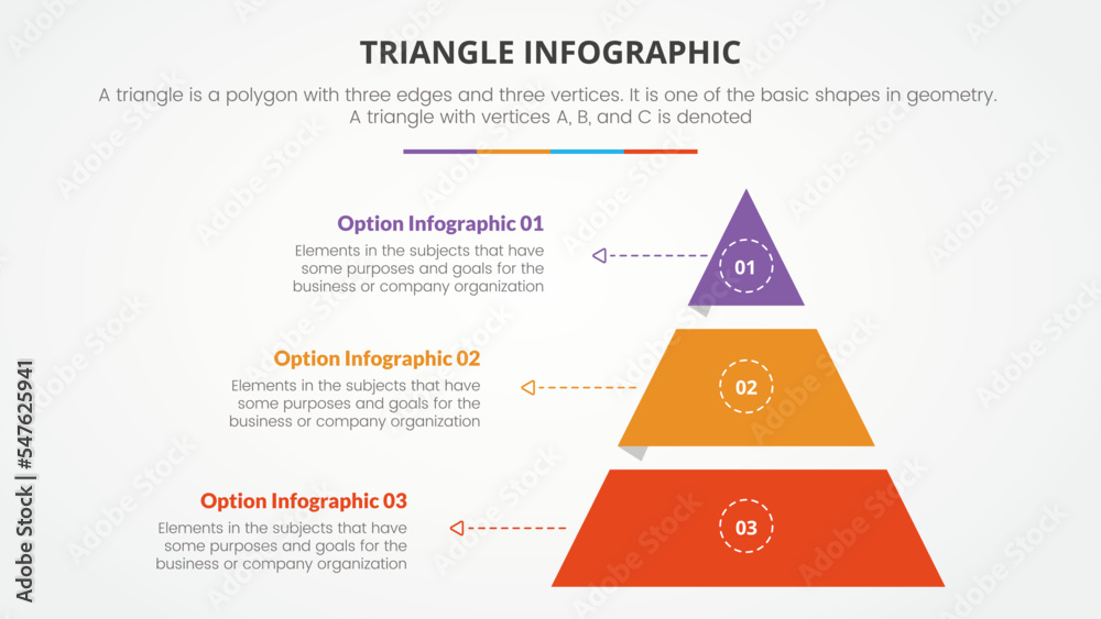 Poster infographic triangle concept for slide presentation with 3 point list with flat pyramid style