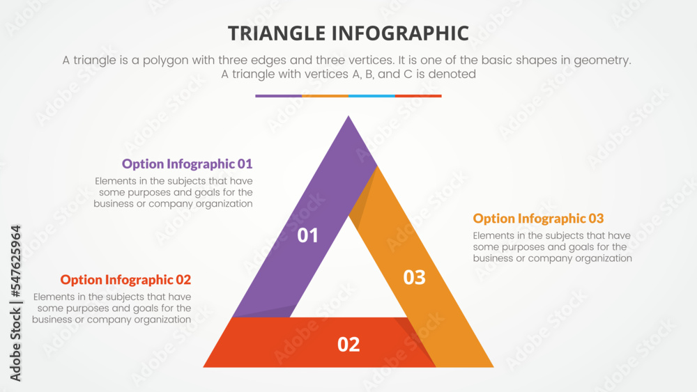 Poster infographic triangle concept for slide presentation with 3 point list with flat style