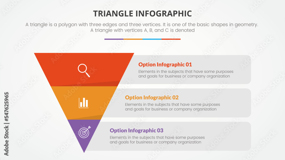 Aufkleber infographic triangle concept for slide presentation with 3 point list with flat reverse pyramid styl
