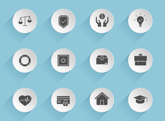 insurance vector icons on round puffy paper circles with transparent shadows on blue background. insurance stock vector icons for web, mobile and user interface design