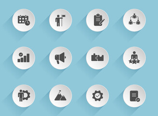 Fototapeta premium management vector icons on round puffy paper circles with transparent shadows on blue background. management stock vector icons for web, mobile and user interface design