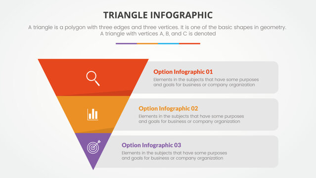 infographic triangle concept for slide presentation with 3 point list with flat reverse pyramid style