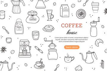 Naklejka premium Hand drawn banner template with coffee makers, grinders and desserts on white background. Doodle sketch style. Vector illustration for coffee shop, coffeehouse, cafe, website background