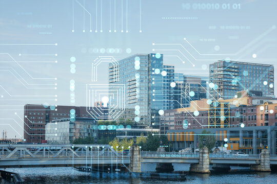 Panorama city view of Boston Harbor at day time, Massachusetts. Building exteriors of financial downtown. Glowing Padlock hologram. Concept of cyber security to protect confidential information