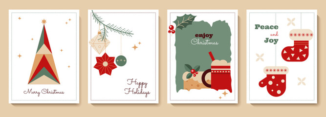 Universal winter holidays greeting card set. Cute Christmas templates with decorative Xmas tree, festive fir toy ornament background, frame with traditional food and Santa red sock and mitten