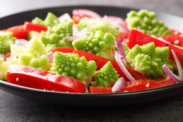 Vegetable vegan salad of Romanesco broccoli, bell pepper and red onion sprinkled with sesame seeds close-up in a plate on the table. Horizontal