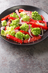 Fresh salad of steamed romanesco broccoli, bell pepper and red onion sprinkled with sesame seeds close-up in a plate on the table. Vertical