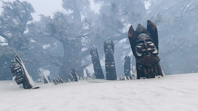 Wooden idols in the winter forest