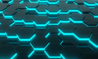 Obraz na płótnie Canvas Black honeycomb hexagon with blue glowing neon lighting background. Sci-fi and Science technology concept. 3D illustration rendering